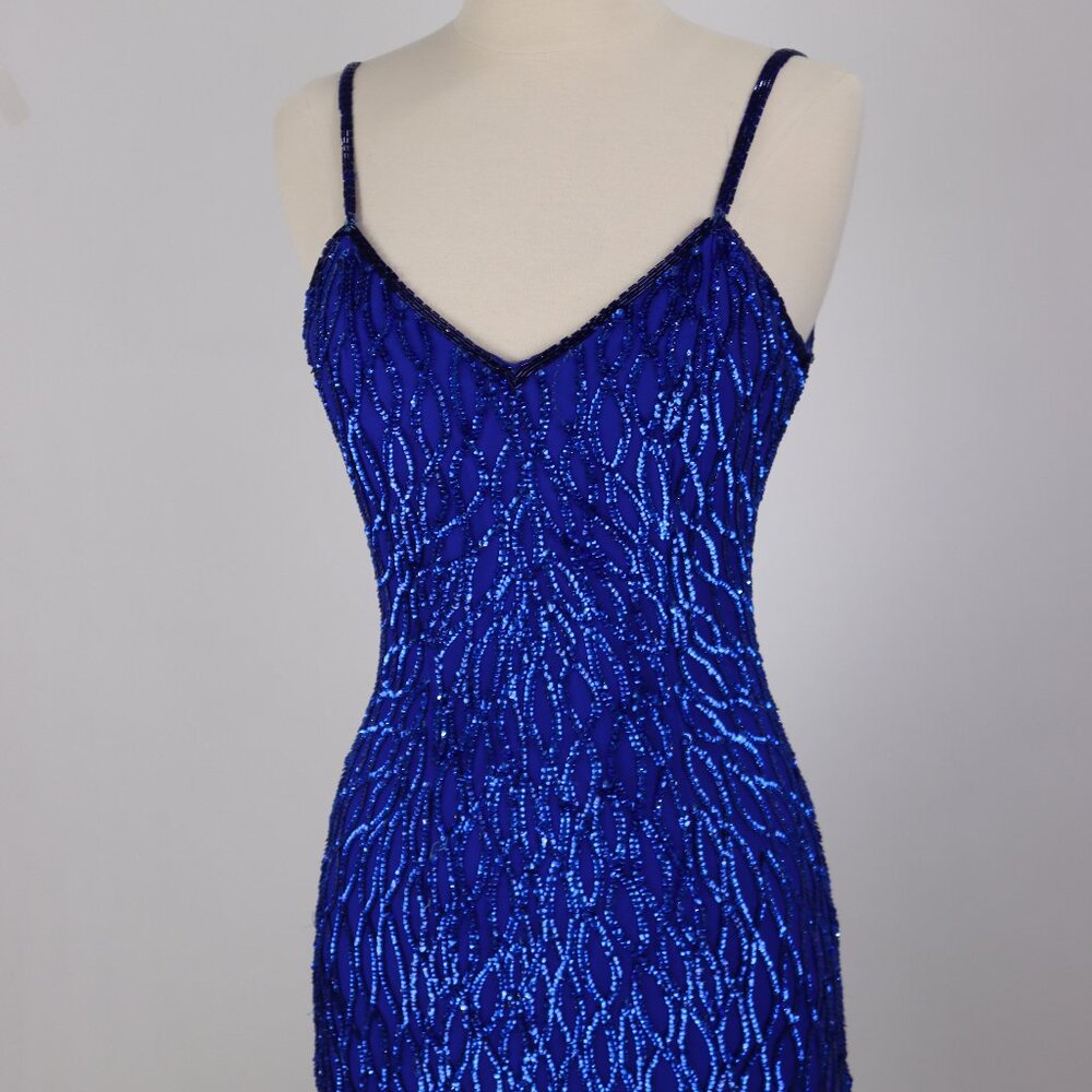 ❄️ Vtg Laurence Kazar Blue Sequin Short Sleeveless Mini Dress w Sash Scarf XS S